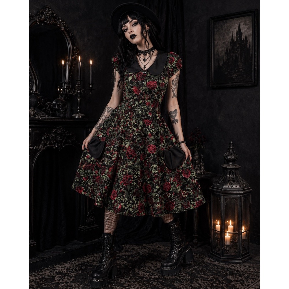 ChicStar GoodGoth Rose Thorn Print MIDI Dress SZ 42 Black Red Fit/Flare Cotton
